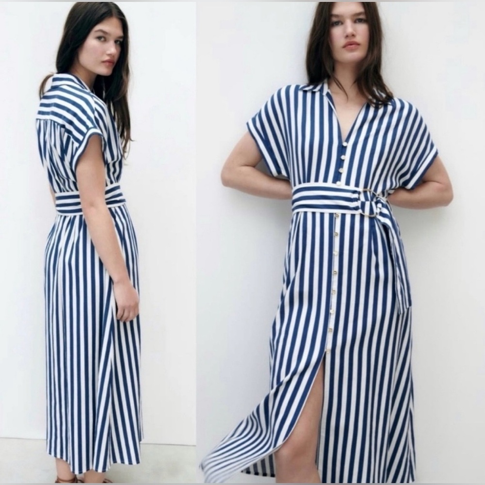 Zara striped linen cotton dress blue white midi long shirt flare skirt blogger M